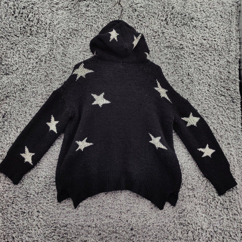 POL Womens Whimsigoth Celestial Star Fuzzy Eyelash Knit Hoodie M Black Soft Cozy - Picture 4 of 15